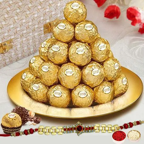 Admirable Golden Bracelet Rakhi with Ferrero Rocher in Golden Thali