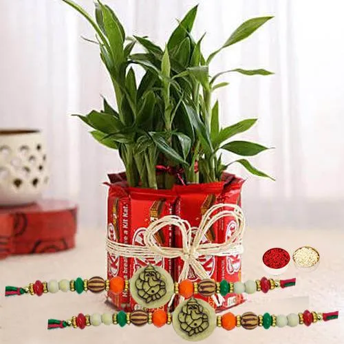 Lovely Set of 2 Ganesh Rakhi with 2 Tier Bamboo Plant N Kitkat Arrangement