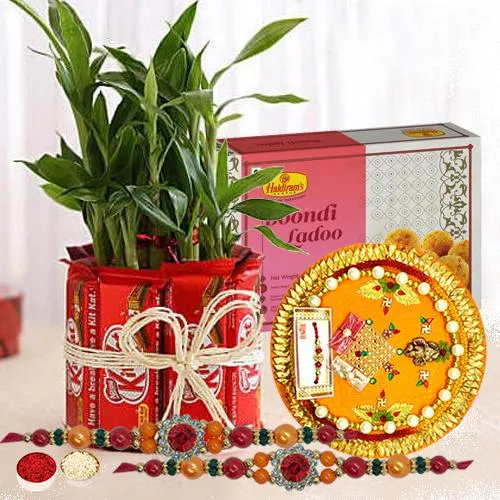 Classy Rakhi Set with Kitkat N Plat Arrangement, Sweets N Thali