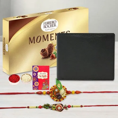 Ethnic Zardosi Rakhi Pair with Black Leather Wallet n Ferrero Rocher