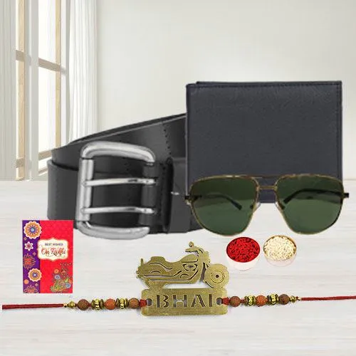 Trendy Biker Bhai Rakhi with Mens Wallet, Belt n Sunglasses