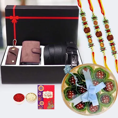 Pious Rudraksha Rakhi with Mens Leather Accessories n Homemade Chocolates