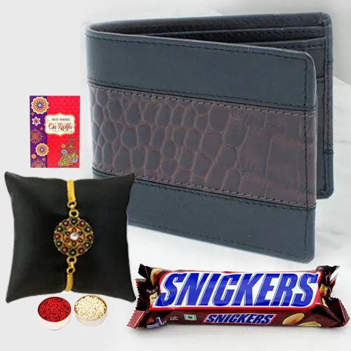 Beautiful Gold Plated Rakhi with Gents Wallet N Snicker Chocolate