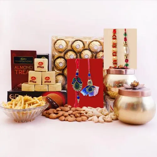 Fancy Designer N Pearl Rakhi Pair with Chocolate N Dry Fruit Assortments