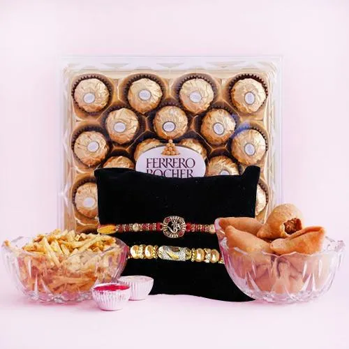 Trendy Twin Golden Rakhi with Ferrero Rocher n Savory Items