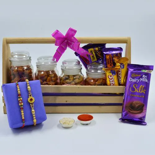 Classy Twin Stone Rakhi with Cadbury Assortments n Flavor Cashews