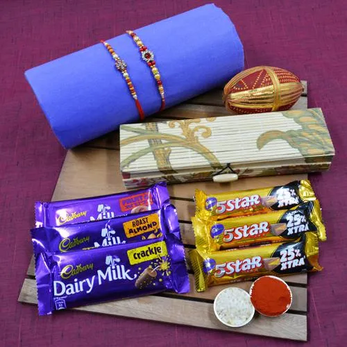 Pretty Stone Rakhi Pair with Cadbury Chocolates in Bamboo Box