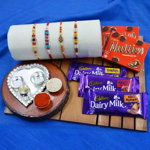 Cool 4 Stone Rakhi Set with Silver plated Puja Thali n Assorted Chocolates