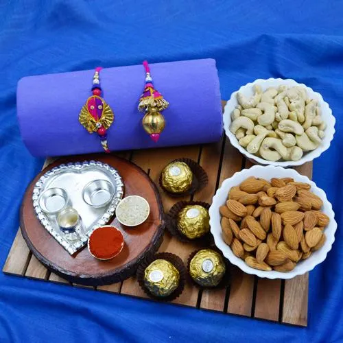 Designer Zardosi Rakhi Lumba with Puja Thali, Dry Fruits n Ferrero Rocher