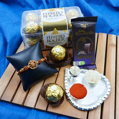 Holy Om Rakhi with Silver plated Thali n Chocolate Assortment