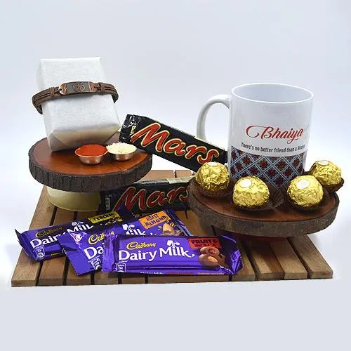 Trendy OM Bracelet Rakhi with Bhaiya Coffee Mug N Chocolate Hamper