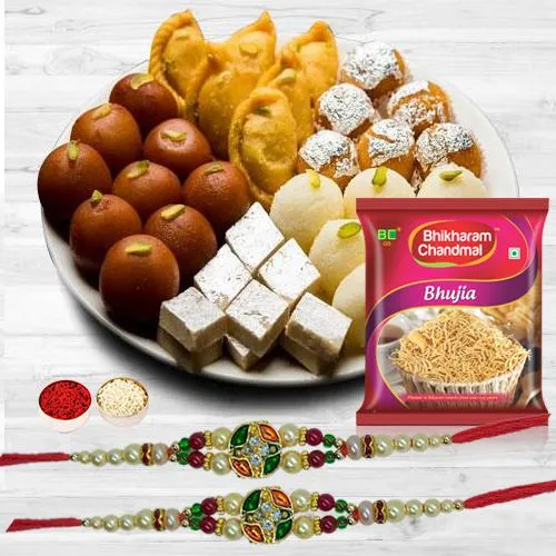 Delightful Rakhi Pair with Tasty Bhujia N Assorted Mithai