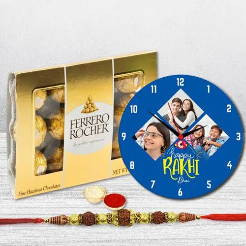 Fancy Personalized Table Clock with Ferrero Rocher N A Rudraksha Rakhi