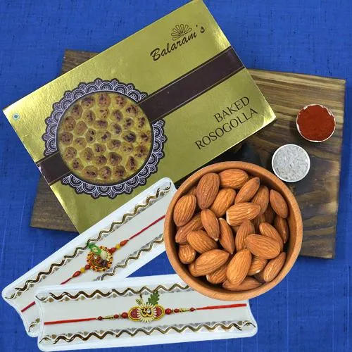 Finest Balaram Mullicks Baked Rasgulla with Almond N Twin Ethnic Rakhi