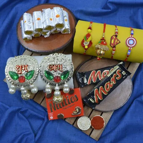 Lavish Gift of Family Rakhi Set with Haldiram Sweets, Chocolates N Puja Decoration