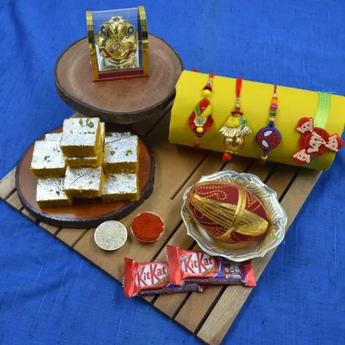 Divine Family Rakhi Set with Haldiram Sweets, Ganesh Idol N Chocolates
