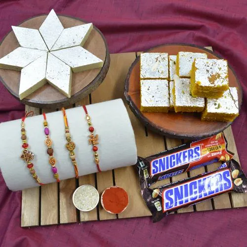 Graceful Set of 4 Rakhi with Haldiram Sweets N Chocolate Assortments
