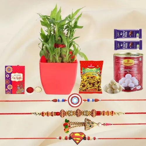 Appealing Combo of 2 Tier Bamboo Plant N Family Rakhi Set