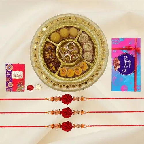 Assorted Sweets N Rudraksha Rakhi Triplets