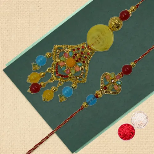 Golden Stone-Studded Couple Rakhi Lumba