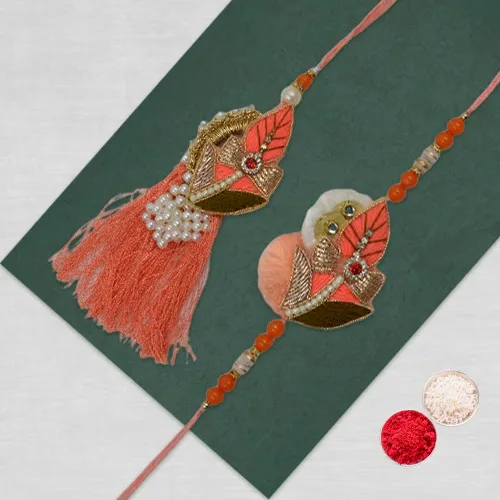 Peach Colored Zardosi Couple Rakhi Pair