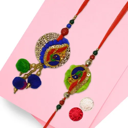 Designer Blue n Green Zardosi Couple Rakhi N Message Card