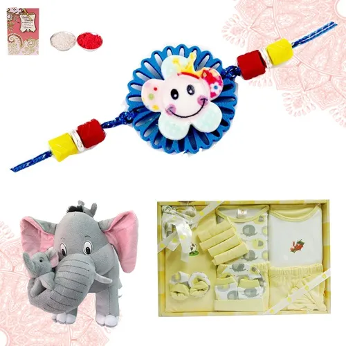 Triple Wonder Rakhi with Cotton Baby Clothes N Soft Toy