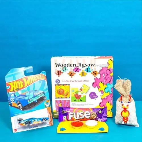 Fantastic Jigsaw Puzzle n Hot Wheels Car Rakhi Hamper