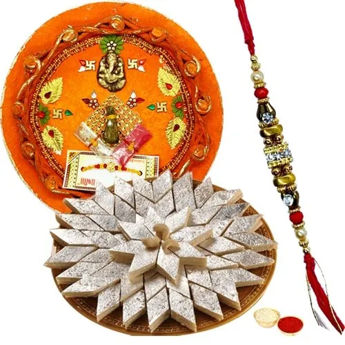 Arresting Gift of Appetizing Kaju Katli <font color=#FF0000>Haldiram</font>s Sweet and Wonderful Pooja Thali