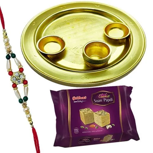 Soan Papri from <font color=#FF0000>Haldiram</font> with Silver Plated Thali and  free Rakhi, Roli Tilak and Chawal