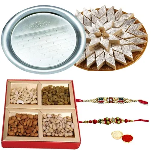 Smart-Looking Rakhi, Dry Fruits, Silver plated Thali and Kaju Katli for Sweet Memories