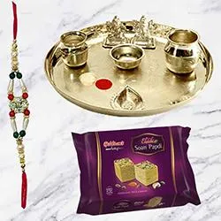 Soan Papri from Haldiram and Silver Plated Paan Shaped Puja Aarti Thali along with Rakhi