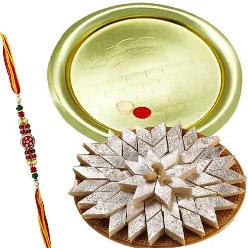 Kaju Katli and Silver Plated Puja Thali along Rakhi, Roli, Tilak and Chawal