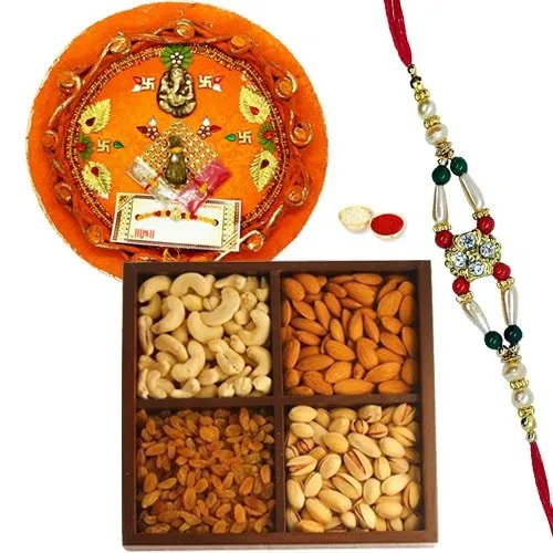 Auspicious Celebration Special Rakhi, Pooja Thali with Dry Fruits