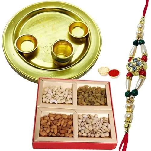 Special Gold Plated Thali with Dry Fruits and Rakhi