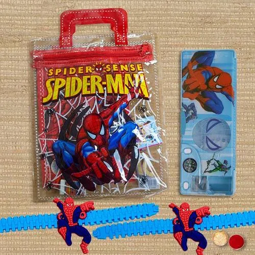 Spiderman Rakhi with 7 pcs Stationery Set N Pencil Box