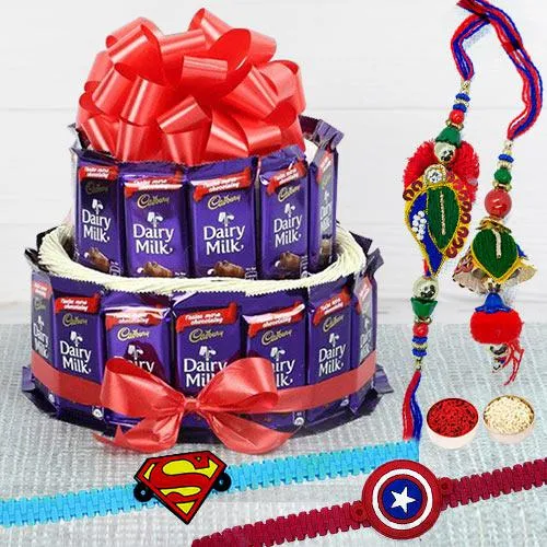 2 Tier Cadbury Arrangement with Family Set Rakhi