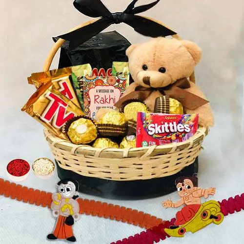 Basket of Chocolates with Teddy N 2 Rakhi for Kids