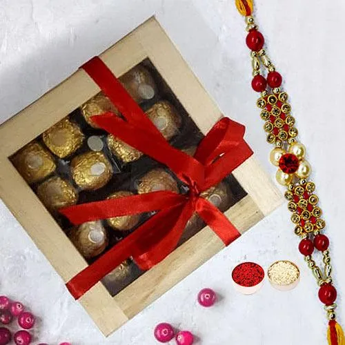 Enticing Ferrero Rocher in Wooden Box with Rakhi