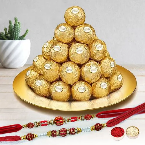 Two Rakhi with Ferrero Rocher N Gold Plated Pooja Thali