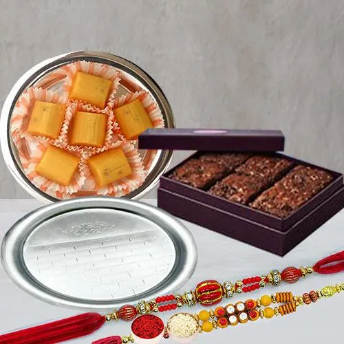 Twin Fancy Rakhis with Brownie, Pineapple Chocolate n Pooja Thali