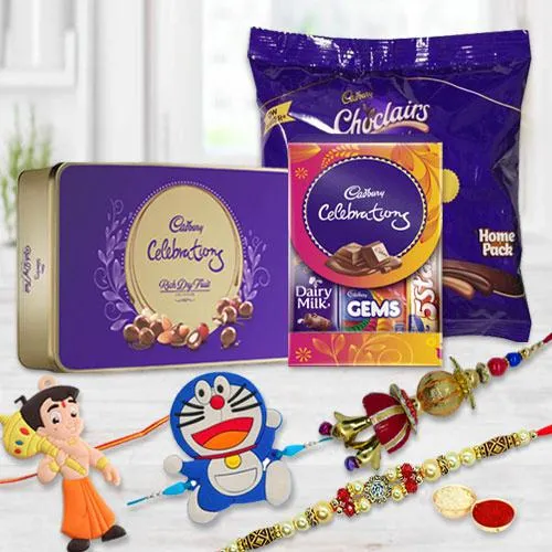 Delectable Cadbury Chocolate Trio with Family Rakhi Set