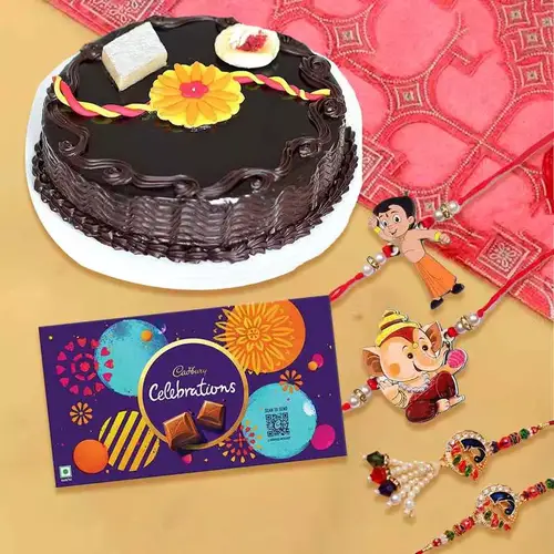 Outstanding Family Set Rakhi with Chocolate Cake  N  Cadbury Celebration Pack