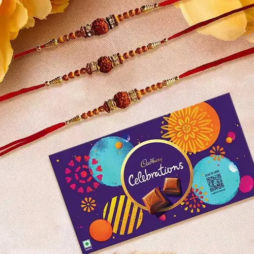 Stunning Rudraksha Rakhi Trio with Cadbury Celebration Gift Pack