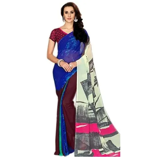 Trendsetting Blue N Brown Marbel Chiffon Saree