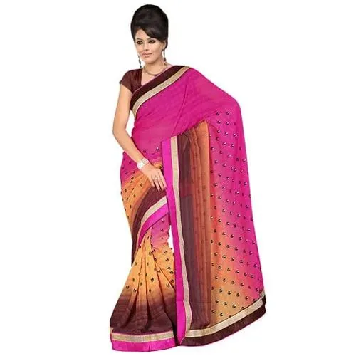 Ravishing Pink, Chrome and Brown Shaded Gorgettee Printted Saree