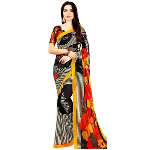 Fancy Party-wear Faux Chiffon Striped Sari in Black Color