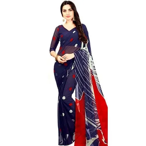 Fashionable Chiffon Polka Dot Print Saree in Navy Blue Color