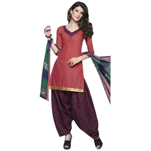 Graceful Cotton Printed Patiala Suit in Pink and Blue Shades