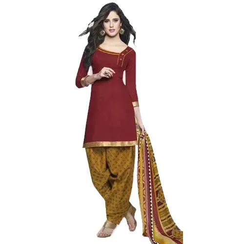Eye-Catching Red and Yellow Shaded Cotton Printed Patiala Suit